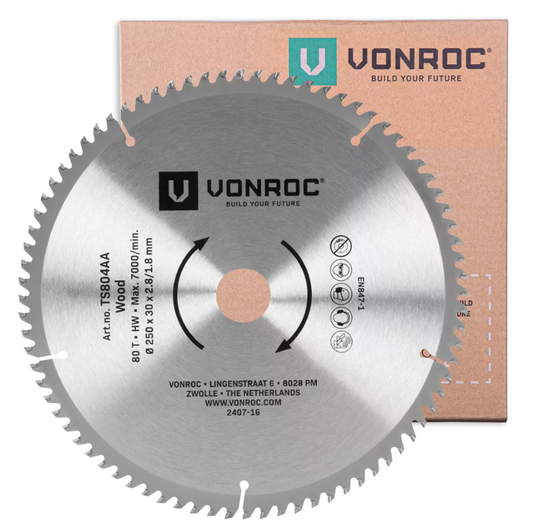 Lame de scie 80T - Ø 250 x 30 x 2.8/1.8mm | pour tables de sciage VONROC TS504AC, TS505AC et universelles