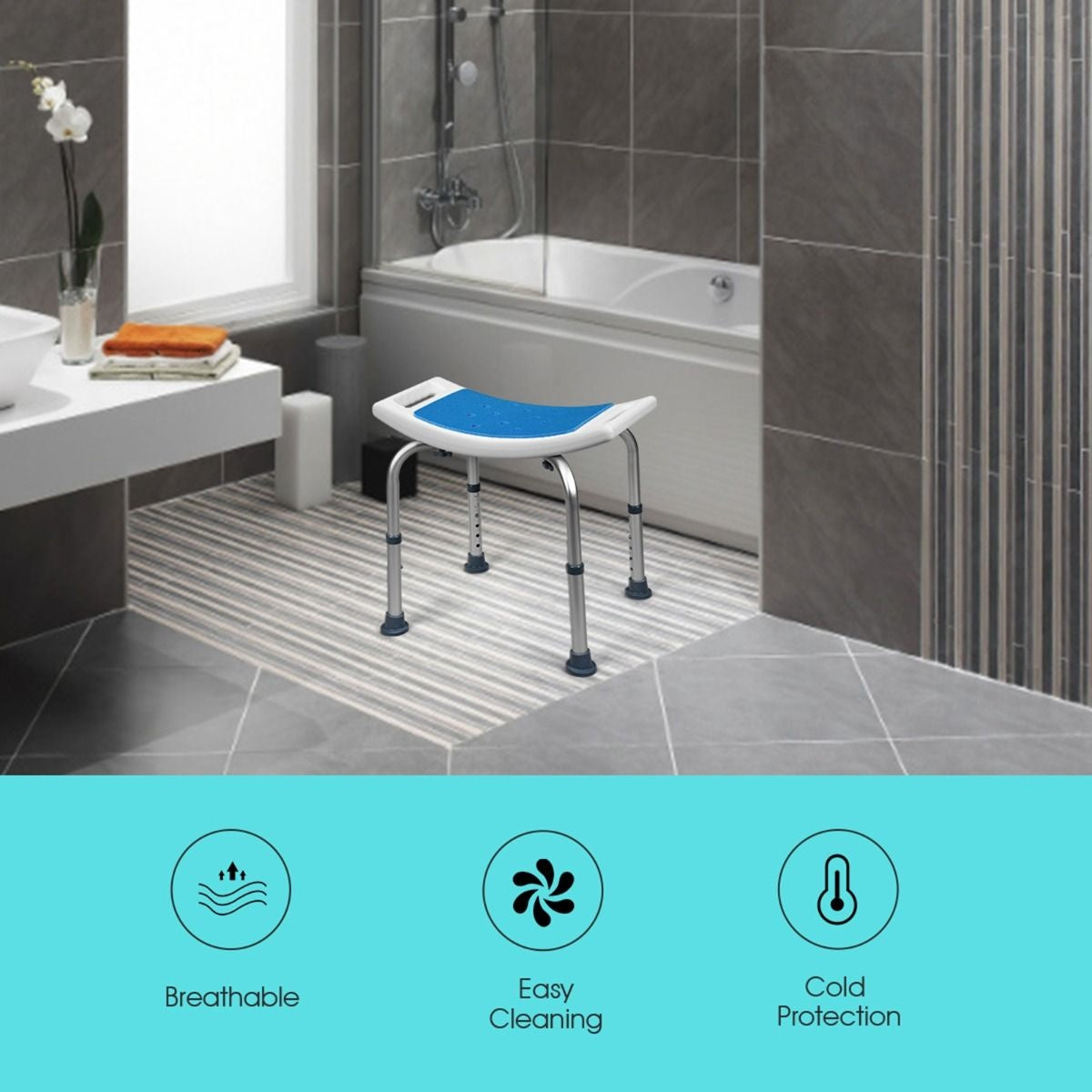 Tabouret de douche EPE doux Siège de douche Hauteur réglable jusqu'à 6 portées Pieds antidérapants Structure robuste en acier inoxydable