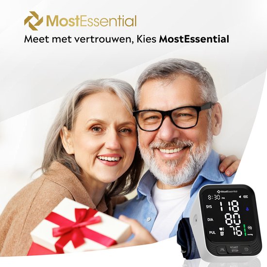 MostEssential Moniteur de pression artérielle au bras - Moniteur de fréquence cardiaque - Mémoire de 398 lectures - Câble USB-C inclus - 30S