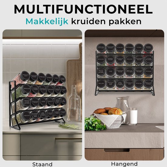 Soothe Spice Rack Standing and Hanging for 24 Spice Jars - 4 Layers - Spice Organiser - Spice Rack - Noir