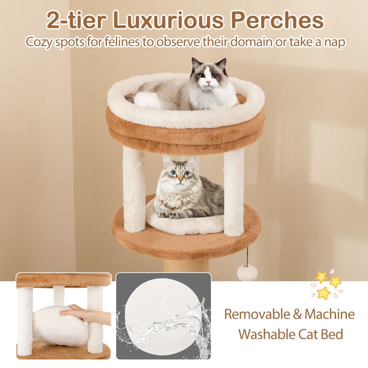 Arbre à chat Coast - poteau à griffer avec perchoirs rembourrés - panier amovible - caramel et blanc - 164 cm