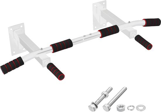TTD® Premium Pull Up Bar - Pull Up Station - Wall Mount Pull Up Bar - Dip Station - Dip Bars - Home Sports - Home Fitness - Premium materials - Extra sturdy mounting parts - Home workout - White/Red