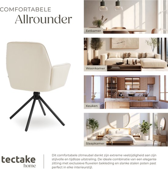 tectake® Chaise pivotante Lenia - Lot de 2 chaises pivotantes avec accoudoir - Chaise de salle à manger pivotante - Fauteuils pivotants - Tapissé - Velours aspect crème/noir