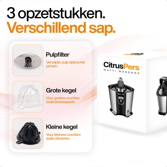 MATTI® - Presse-agrumes électrique - Presse-agrumes - Presse-citron - Presse-orange - 160 W, acier inoxydable, levier de pression - 18 000 tr/min