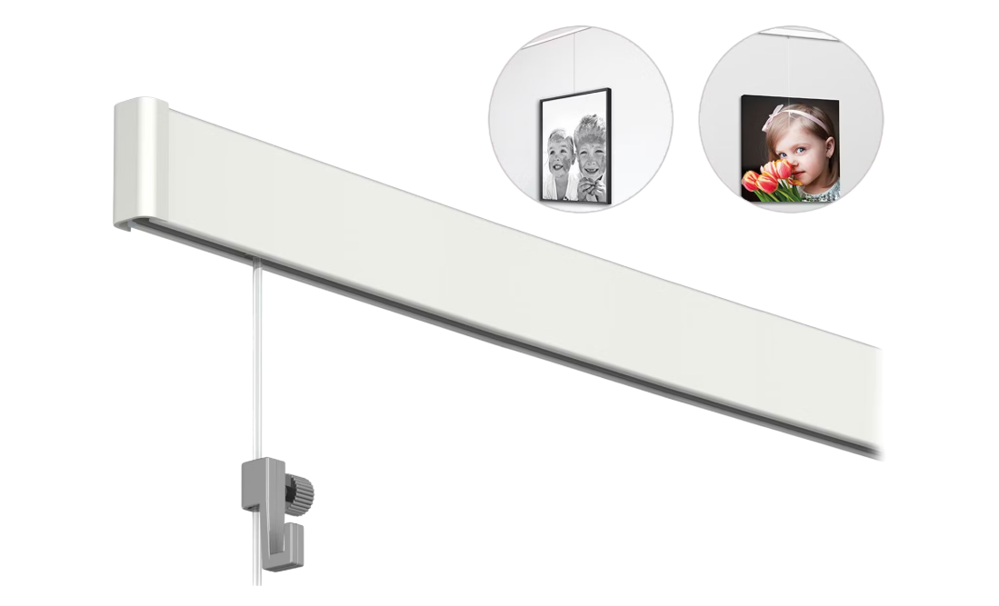 Système d'accrochage pour photos et tableaux Artiteq Click Rail - 12 mètres de rails - 8 x 150 cm - Apprêt blanc - Fils en Perlon et crochets inclus - Système de fixation murale