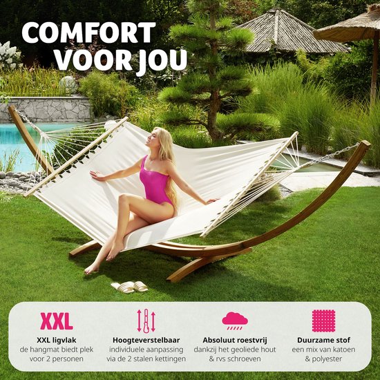 tectake® - XXL hamac cadre en bois dur - tapis balançoire inclinable - 415 x 150 x 124 cm - 401995