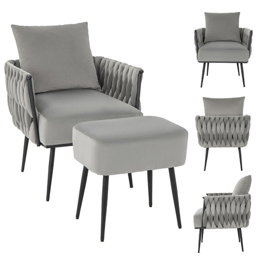 coast Modern Dutch Velvet Side Chair and Footstool Set - Grey - 66x65x80 cm | 46x35x45,5 cm
