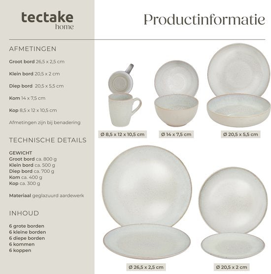 tectake® Service de table Mare - 30 pièces - Faïence à émail brillant - Pour 6 personnes - Service de table fait main - Service de table moderne comprenant des grandes et petites assiettes, des bols, des petits plats et des tasses - Lavable au lave-vaisse