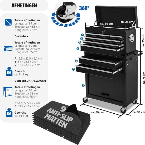 tectake® Chariot d'atelier avec support de valise - Chariot à outils verrouillable avec 10 compartiments - Établi mobile en acier - Roues avec frein - Chariot à outils vide, armoire à outils - Noir