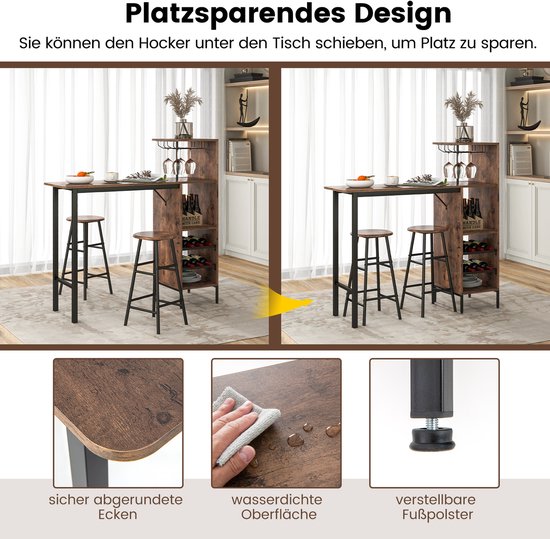 Table de bar Coast avec tabouret de bar, ensemble pour 2 personnes, avec porte-verres à vin et porte-bouteilles, comptoir pour le salon, la salle à manger et la cuisine (couleur café)