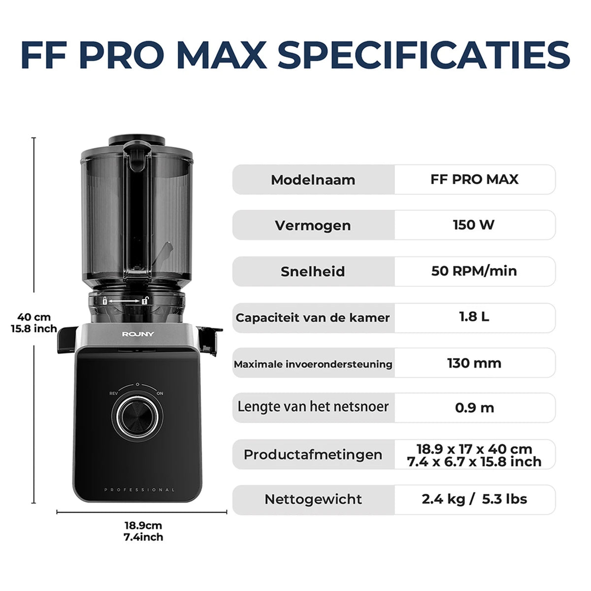 Rouny Slow Juicer FF Pro Max - Centrifugeuse à pression à froid de 150 W - Orifice de remplissage de 130 mm - Sans filtre - Fonction « Fruitijs » - 1,8 L - Noir