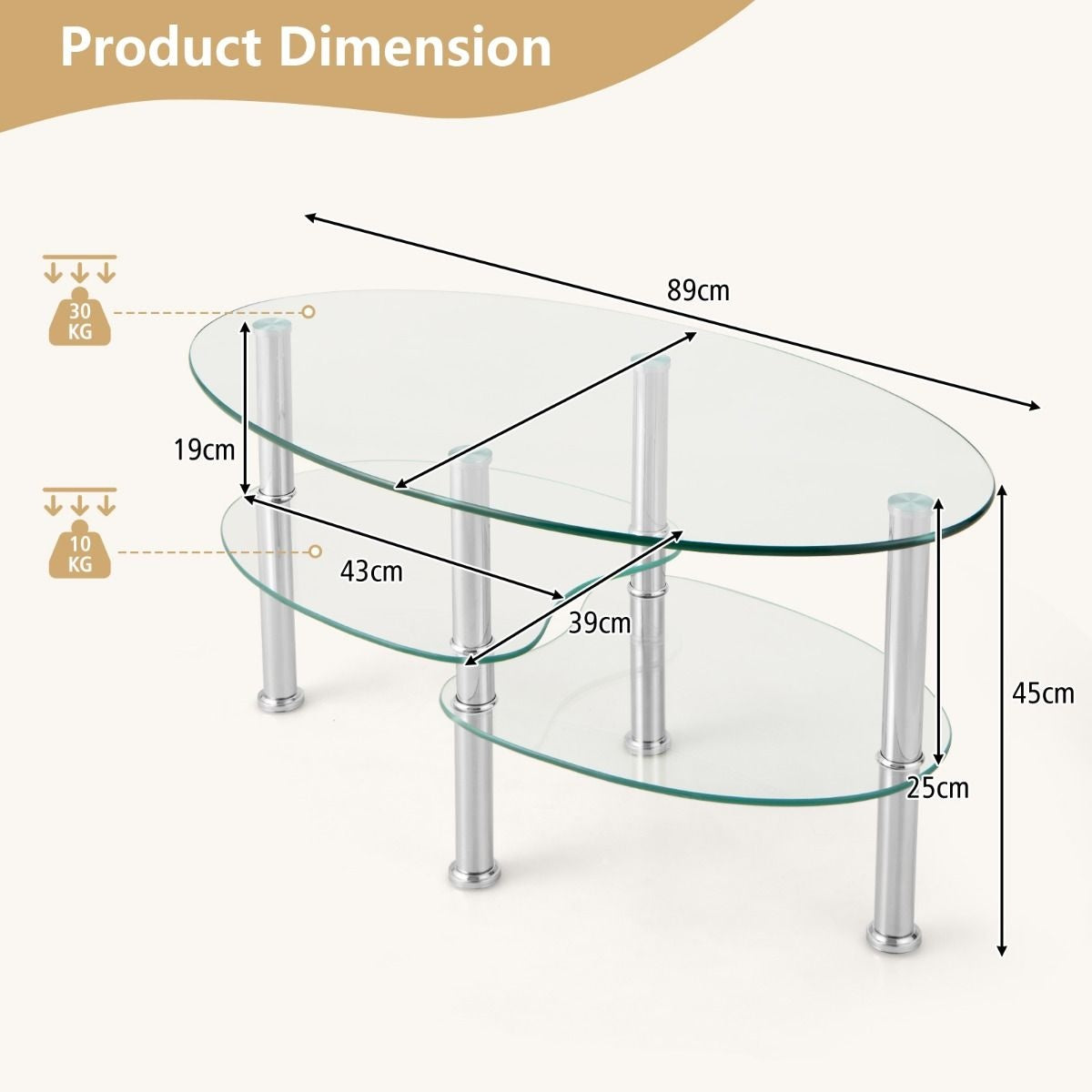 Table basse Coast - 3 couches - Verre trempé - Moderne - 89 x 50 x 45 cm - Blanc