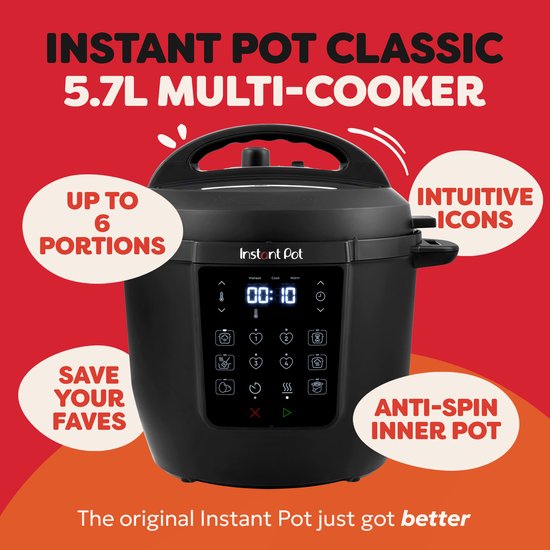 Multicuiseur Instant Pot Rio 5,7 L - Autocuiseur 7-en-1 - Mijoteuse - Cuiseur vapeur - Yaourtière - Jusqu'à 6 portions - Diffusion de vapeur optimisée
