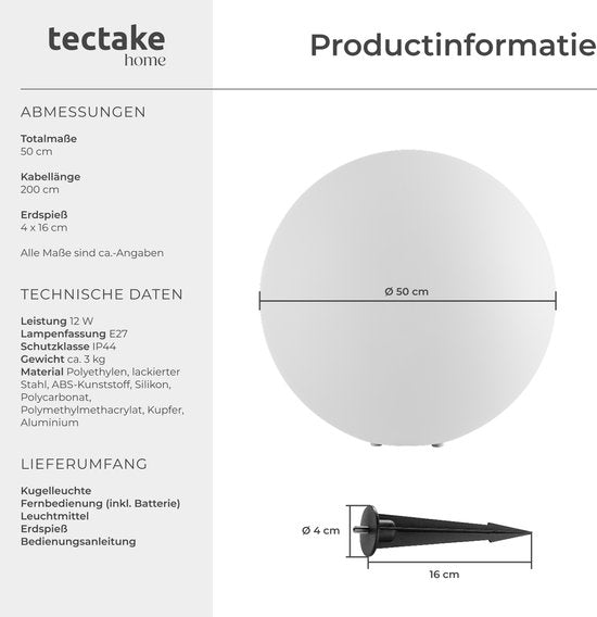 tectake® Ampoule de jardin - Ø50 cm - Ampoule sphérique LED d'extérieur avec télécommande - 16 couleurs et 5 modes d'éclairage - Eclairage de jardin résistant aux intempéries - Décorations de fête - Décoration de jardin - Source lumineuse incluse - Ampoul