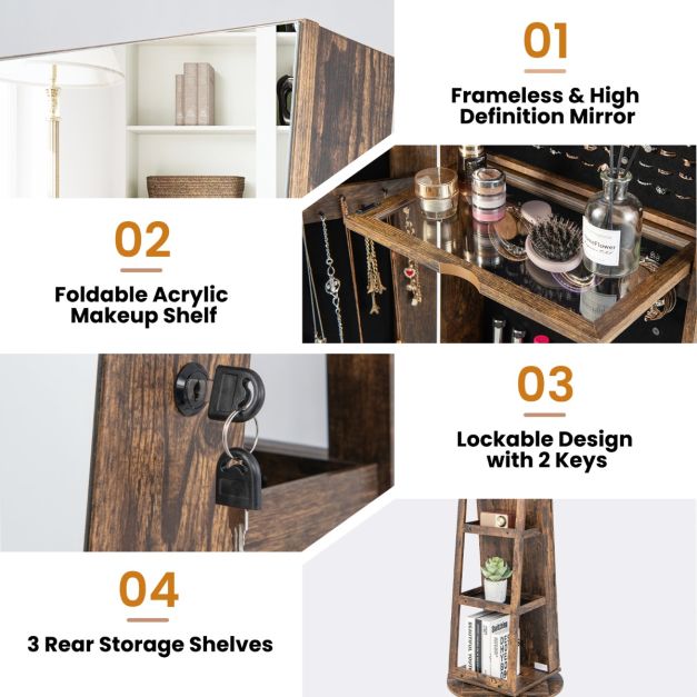 Armoire à bijoux Coast - MDF - Miroir & Led inclus - 54,5 cm x 161 cm - Vintage