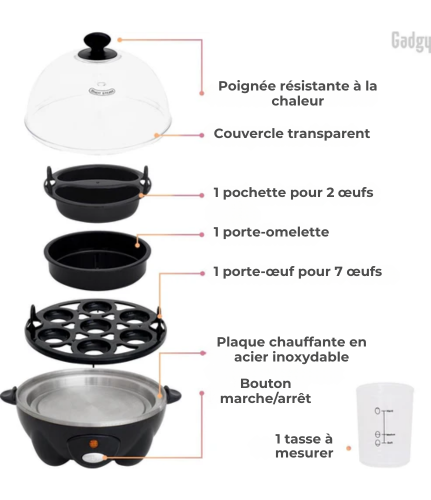 Cuiseur à oeuf - Gadgy - Chauffe oeuf - 7 œufs - Ensemble de 3 pièces - Cuiseur oeuf, légumes, et plus - Verre doseur inclus