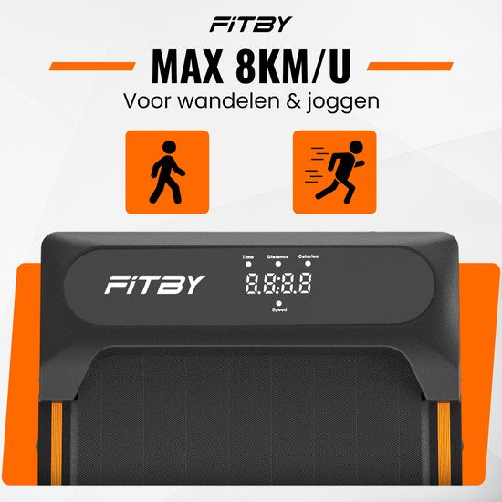 Tapis de course Fitby - Tapis de course avec inclinaison 5% - 8% - Tapis de course 1-8 km/h - Tapis de course - Tapis de marche - Noir Orange
