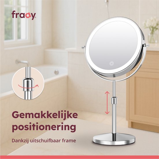 Fraay Miroir de maquillage avec éclairage LED Ø20 cm - Grossissement 10x - Rechargeable - Double face - Dimmable - 3 modes d'éclairage - Chrome
