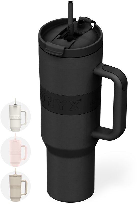 ONYX Bouteille à boire avec paille 1 litre - Bouteille d'eau pour enfants et adultes - Mug Thermos Mug de voyage en acier inoxydable - Buveur motivé - Tasse à boire pour l'école - Noir Onyx