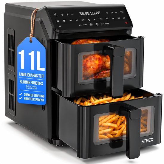 Strex Airfryer à double panier 11 L XXL, friteuse à air chaud 2 500 W - Airfryer à 2 paniers - Dual Basket - 13 programmes de cuisson - Grande friteuse à air chaud verticale pour toute la famille
