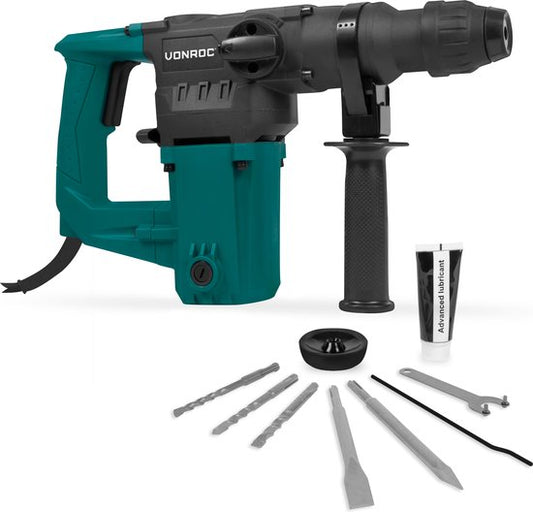VONROC Marteau perforateur 1050W - 4.5 Joule - SDS plus - 3 Fonctions - Inclus 3 forets SDS-plus et 2 burins SDS-plus