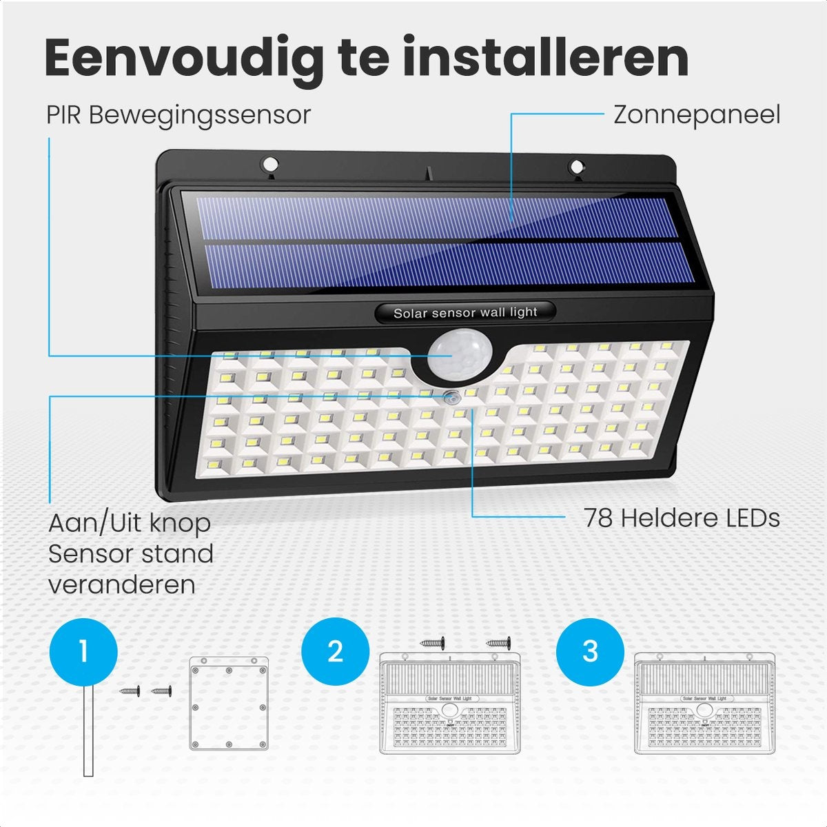 Auronic Lampe solaire d'extérieur avec détecteur de mouvement - Lampe solaire de jardin - Lampe murale - 78 LED - IP65 - 2 pièces - noir