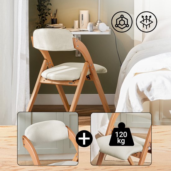SoBuy Set of 2 Folding Chair, Office Chair with Upholstered Seat Cushion, Dining Chair, Nature/White, 47.5x77x59 cm, FST92-Wx2 - pour la salle à manger, le balcon ou le bureau