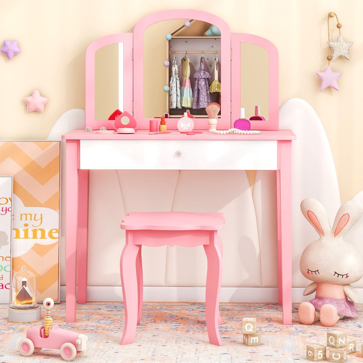 Coast Children's Dressing Table Set Pink - 70x34x95 cm Table avec tabouret et miroir pliant 3 pièces