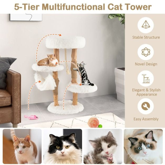 Arbre à chat en bois de 87 cm avec hamac Différentes plateformes Tour pour chat avec coussin doux Corde en sisal à suspendre