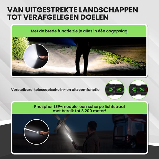 TTD® Military Flashlight LED Rechargeable - Technologie LEP - IP65 Waterproof - 1100 Lumens - 7 Hour Battery - Zoom Function - Powerbank Function - USB Rechargeable