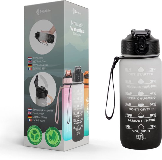Gourde motivante Supplife - Gourde de 600 ml - Gourde avec repères horaires - Avec paille - Adultes - Enfants - Blanc et noir