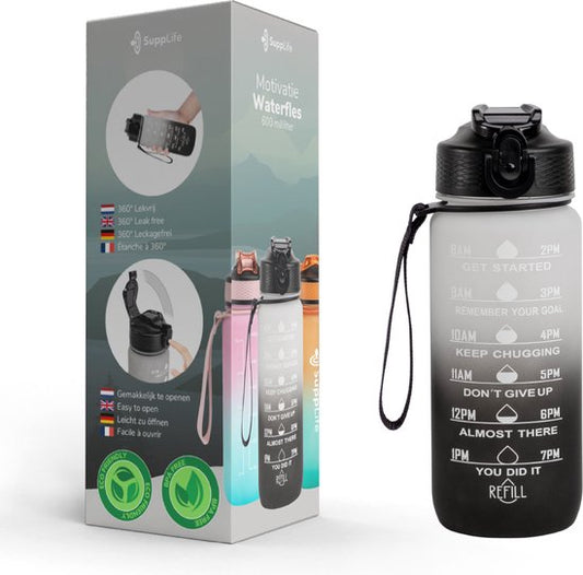 Gourde motivante Supplife - Gourde de 600 ml - Gourde avec repères horaires - Avec paille - Adultes - Enfants - Blanc et noir