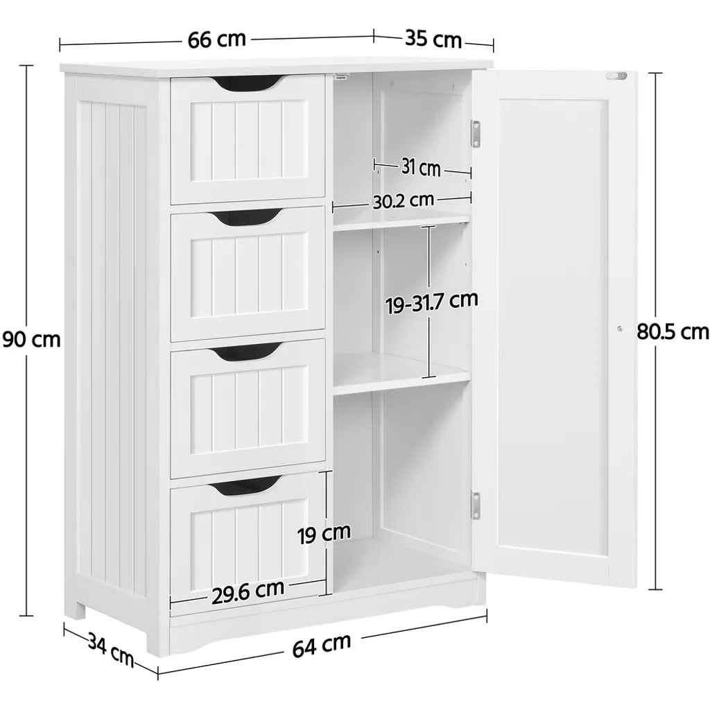 Meuble de salle de bains Yaheetech avec 4 tiroirs et étagères réglables - Blanc - 66 x 35 x 90 cm