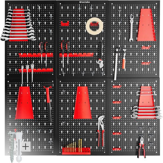 tectake® 6-Piece Metal Tool Wall - 240 x 60 cm - Perforated Plate - Tool Holder Set including Hooks - Wall Rack System for Workbench, Garage, Tools - Workshop Equipment - Tool Board - Pegboard