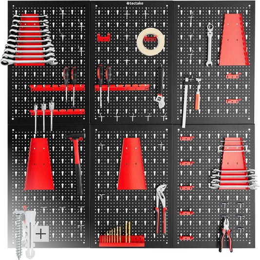 tectake® 6-Piece Metal Tool Wall - 240 x 60 cm - Perforated Plate - Tool Holder Set including Hooks - Wall Rack System for Workbench, Garage, Tools - Workshop Equipment - Tool Board - Pegboard