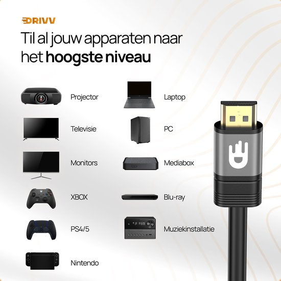 Câble HDMI Drivv. Premium 2.0 - Ultra HD 4K 60 Hz - HDMI vers HDMI - Compatible avec les consoles de jeux - 10 mètres - PVC - Gris