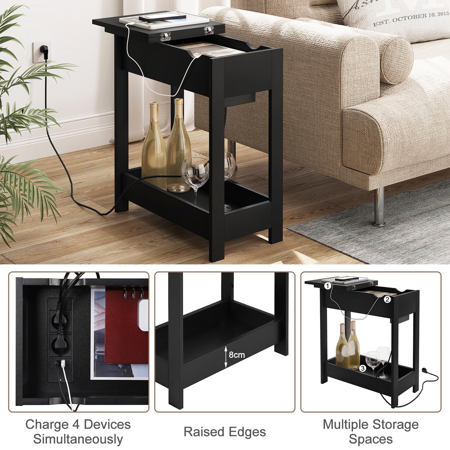 EUGAD 0002CHJ : table d'appoint avec prise électrique - plateau rabattable - 3 étagères de rangement - noir