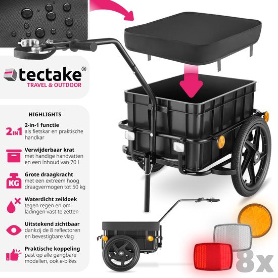 tectake® 2-in-1 bike trailer - Chariot à bagages et poussette - Remorque pour vélos, VTT et eBikes - Remorque de transport avec barre de remorquage - Avec bâche et pneus - Capacité de charge maximale 50kg