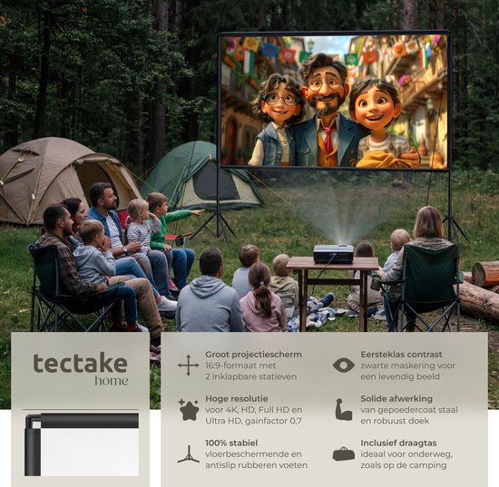 Écran de projection tectake® - 100 pouces (257 cm) - Écran de projection 16:9 avec double trépied - 4K HD - Enroulable - Extensible - Toile de projection - Écran de présentation - Home cinéma - Sac de transport inclus
