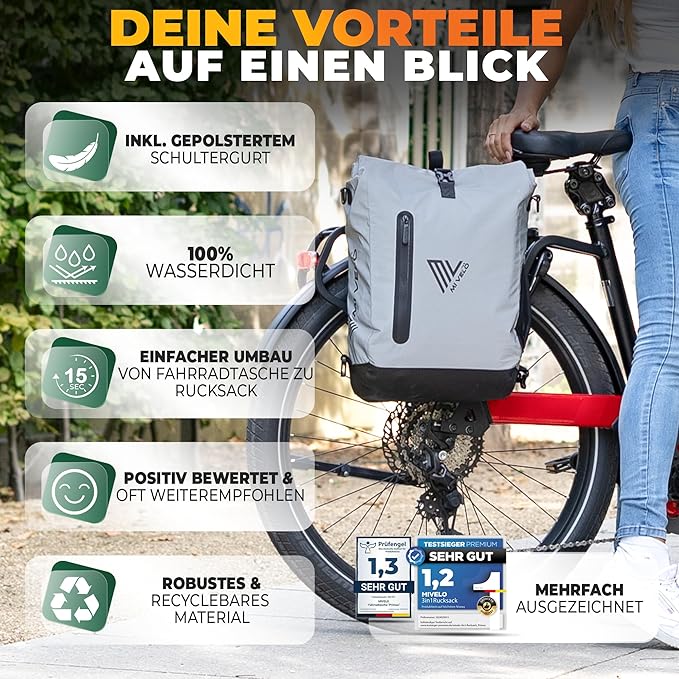MIVELO - Sacoche vélo 3 en 1 - TPU étanche - 20L - Réfléchissant - Gris & Noir