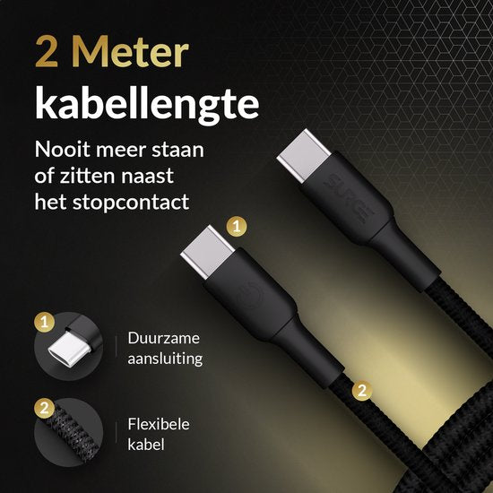 Câble USB C à USB C de Surge - 100W - Câble de charge de 2 mètres - Chargeur rapide avec 15% de Kevlar - Convient à Samsung / MacBook / iPhone 15 et 16 / iPad Pro, entre autres.