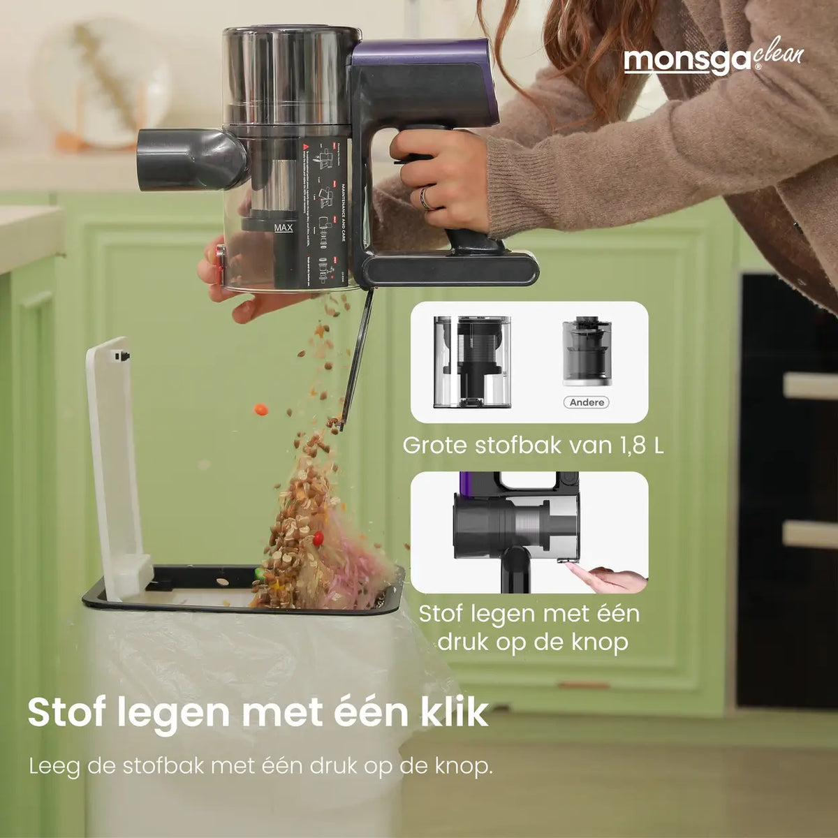 Aspirateur balai sans fil Monsga M100 55 000 Pa - Autonomie de 45 min - Réservoir à poussière de 1,8 L - Écran tactile à LED - Brosse anti-enchevêtrement - Voyant LED vert