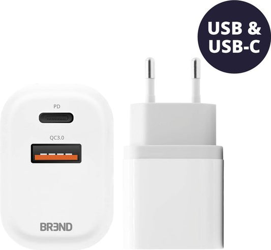BREND BR-2212 Chargeur rapide avec 2 ports - Chargeur de courant - Adaptateur de charge rapide avec connexion USB et USB-C - Convient pour iPhone et Android - Blanc
