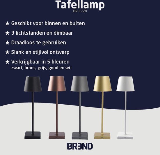 BREND BR-2228 Lampe de table sans fil pour l'intérieur et l'extérieur - Lampe décorative et graduable - Éclairage rechargeable avec 3 niveaux de lumière - IP44 - Blanc