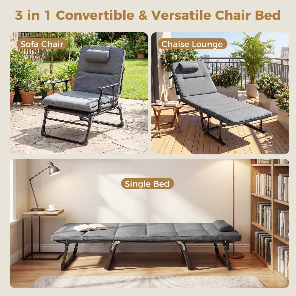 Lit de camping Coast 3-en-1 : lit de camp et chaise longue pliables - 6 positions - Gris et noir