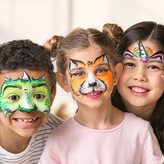 Partizzle Set de peinture pour le visage à base d'eau - Livre de peinture pour le visage et set de modèles - Pinceaux, éponges, craie pour les cheveux, paillettes bio - Noël enfants - 20 couleurs