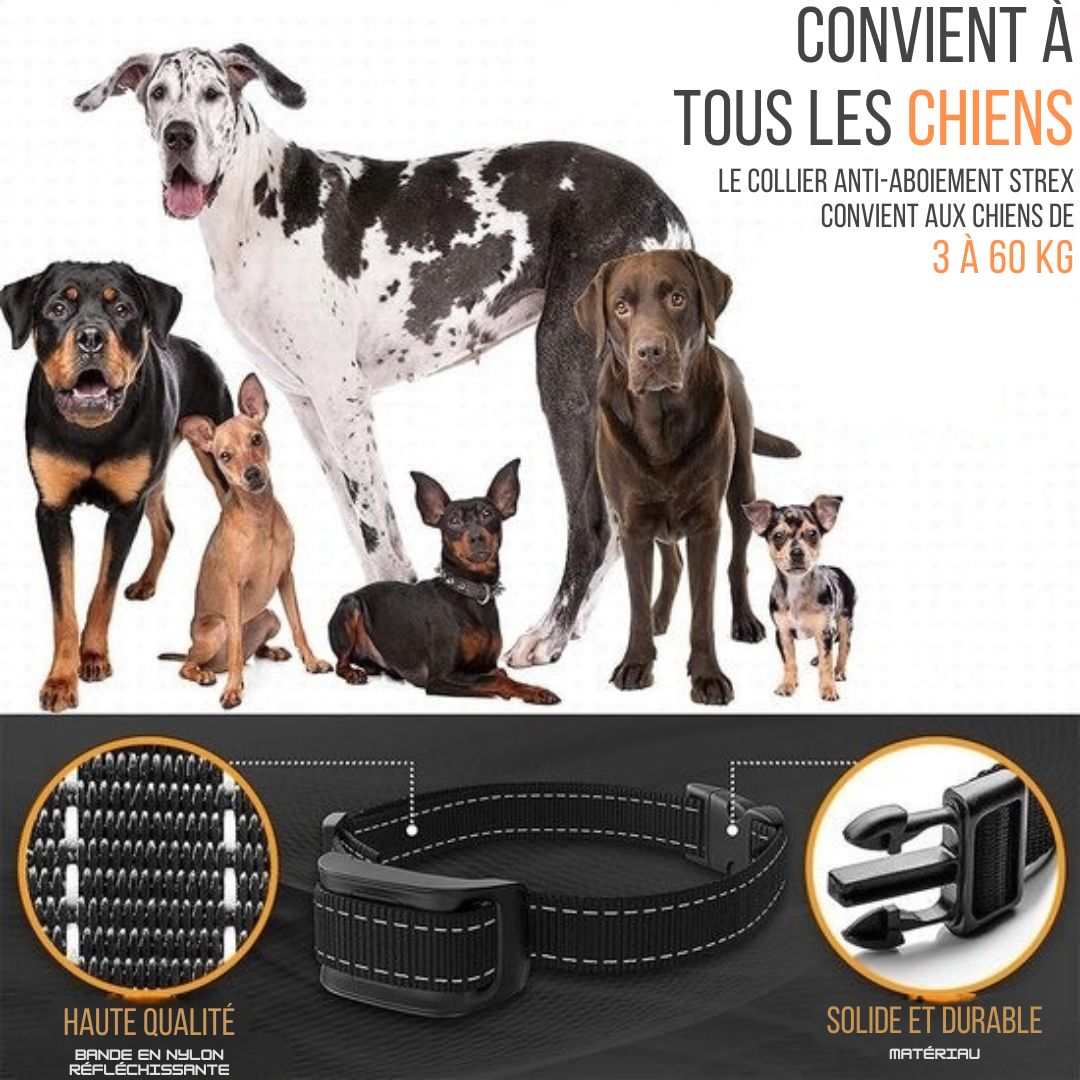 Bande anti aboiement Strex pour chiens - 3-60KG - Sans choc - Vibration et audio - Bande anti aboiement
