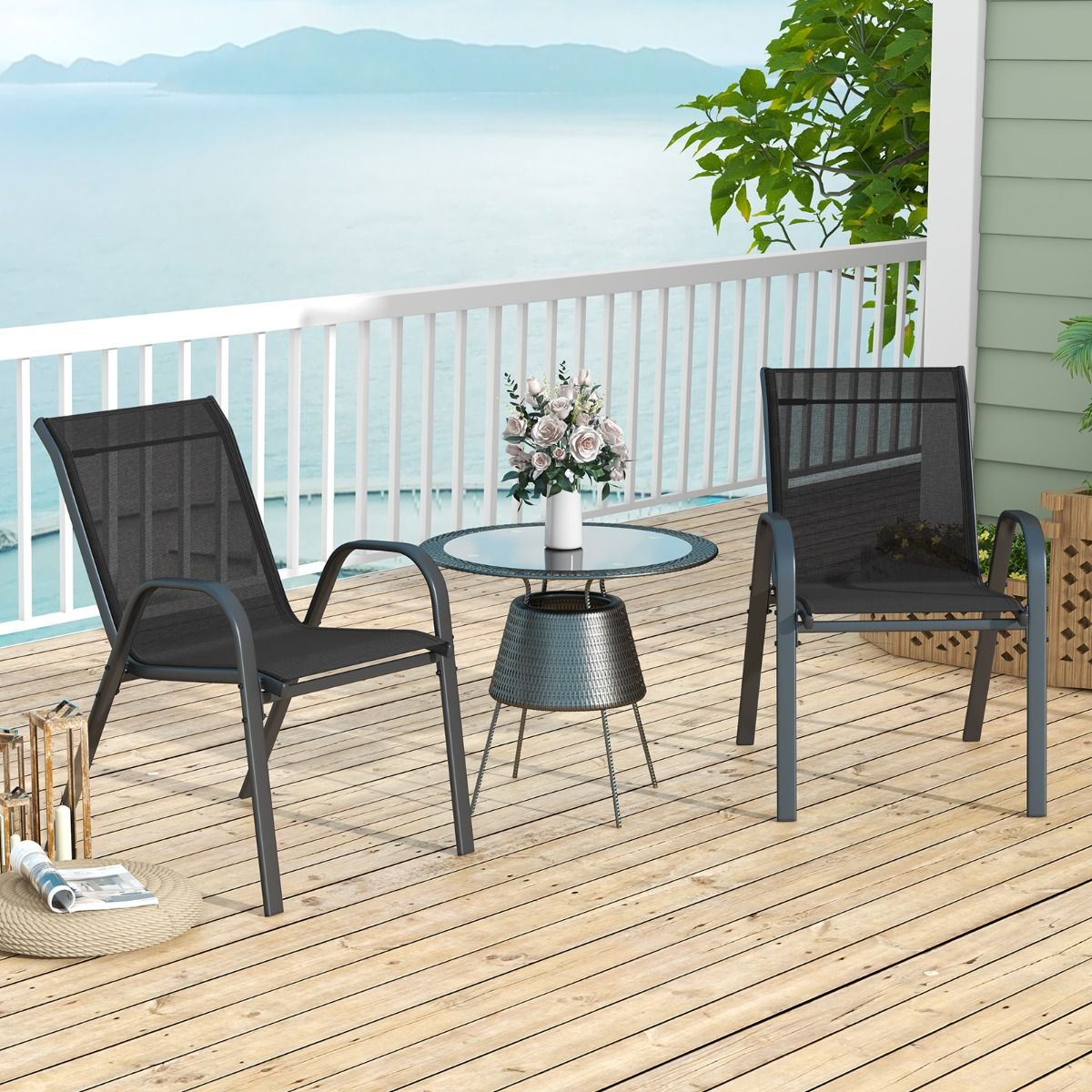 Coast Set de 2 chaises de terrasse empilables avec accoudoirs - Noir - 55 x 63 x 89 cm