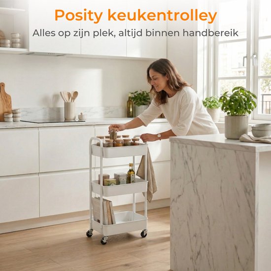 Posity Chariot de cuisine sur roulettes - Chariot de service / Chariot de stockage / Rayonnage de cuisine / Chariot de cuisine - Mobile et fixe - 3 étages - Plastique - Blanc