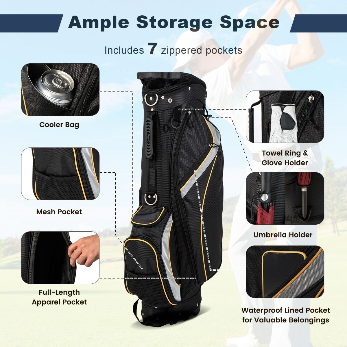 Sac de golf Coast - Organiseur à 8 compartiments - Système à double sangle - Noir